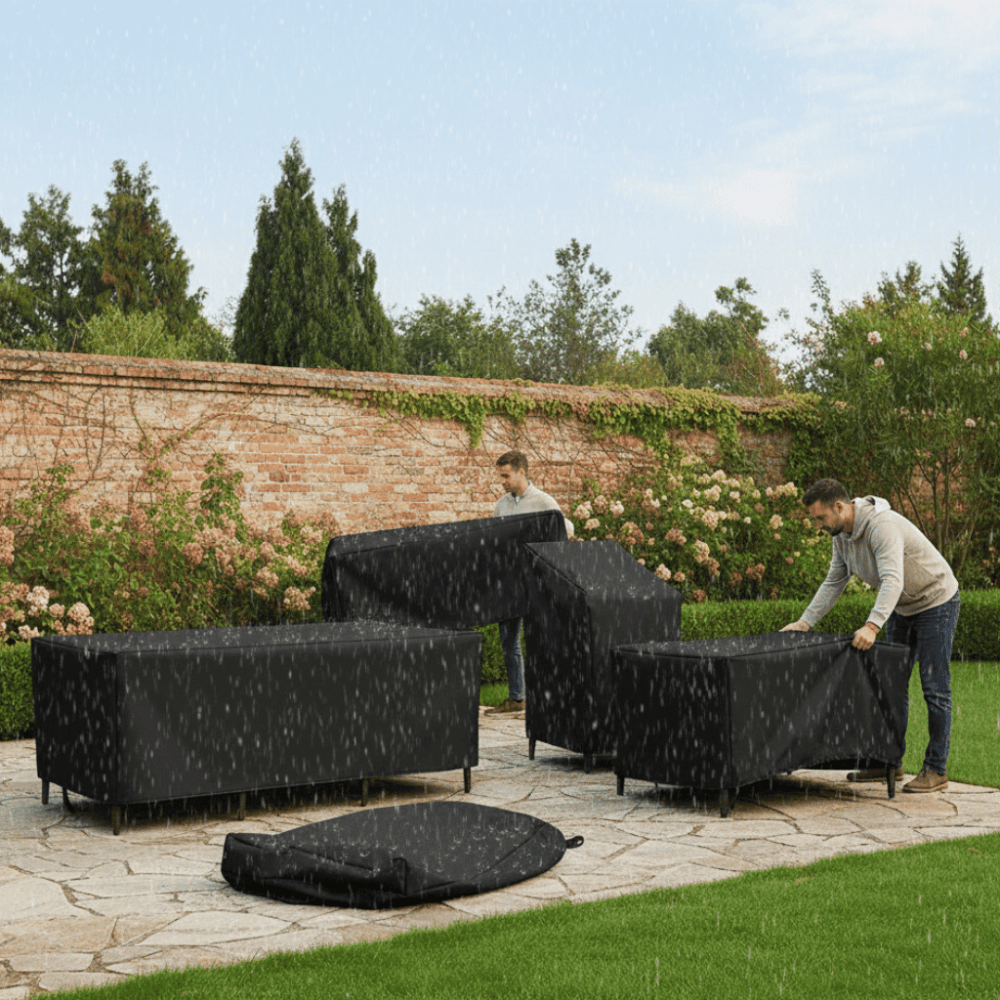 Waterproof patio furniture cover providing all-weather protection, designed for versatile outdoor use to safeguard your furniture from rain, sun, and dust. 0
